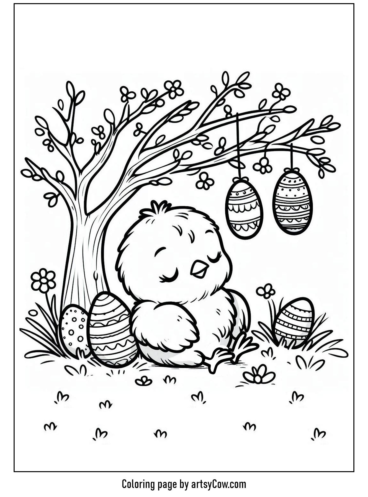 Easter chick coloring pages featuring a sleepy chick under a tree adorned with hanging decorated eggs and surrounded by grass and flowers.